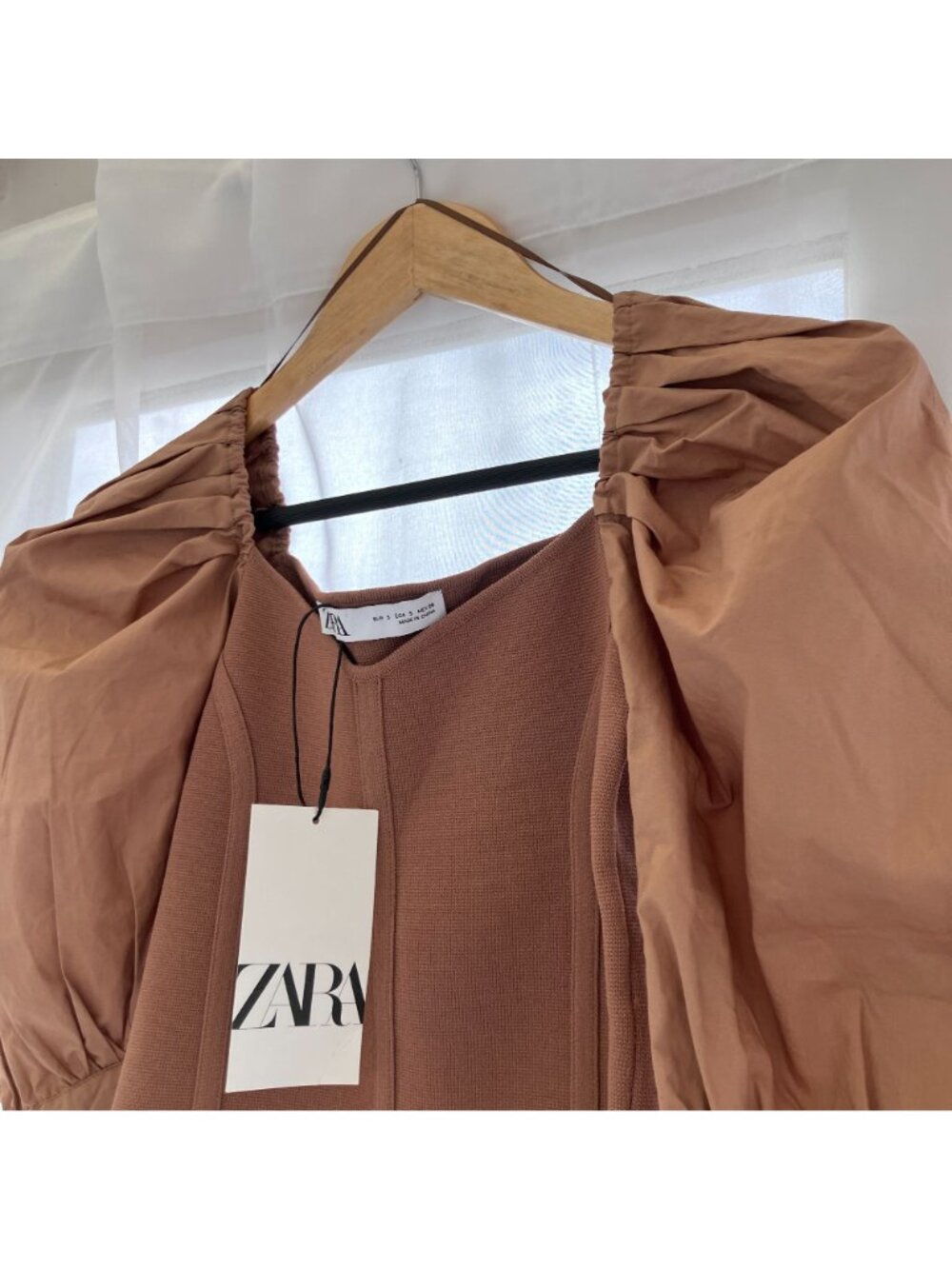Zara Womens Poplin Puff Sleeve Nylon Corset Crop Top Size Small Brown SP NWT - Picture 3 of 12